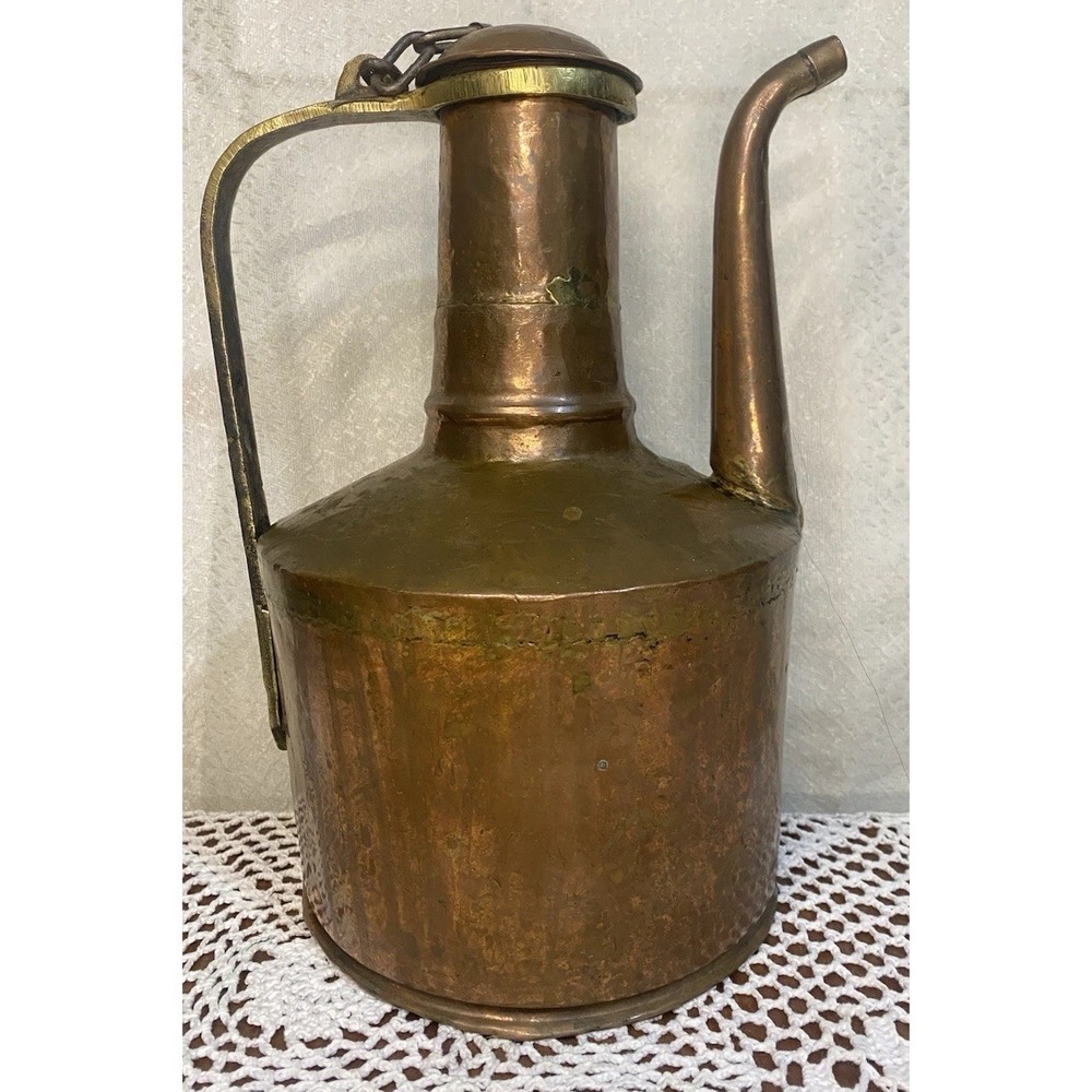 Antique Copper Hammered Jug Large Pitcher with Hinged Lid and Long Spout